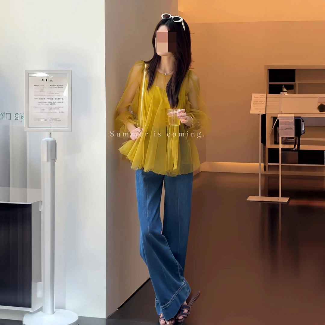 VOCKOO官方小众设计感黄色网纱上衣高级感气质名媛风超好看绝美衬