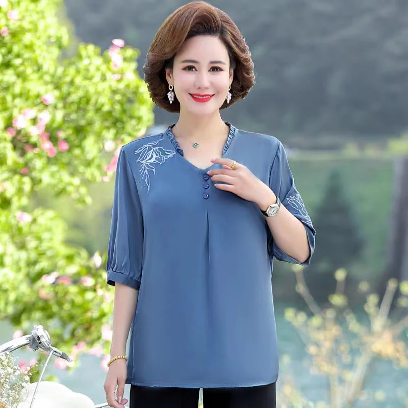 6202-新款中老年中年妈妈女装纯色时尚减龄t恤夏季女装