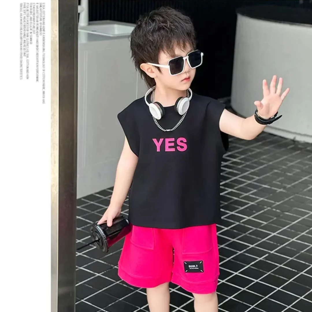 2025男童夏季新款帅气潮酷无袖背心短裤韩版清爽套装