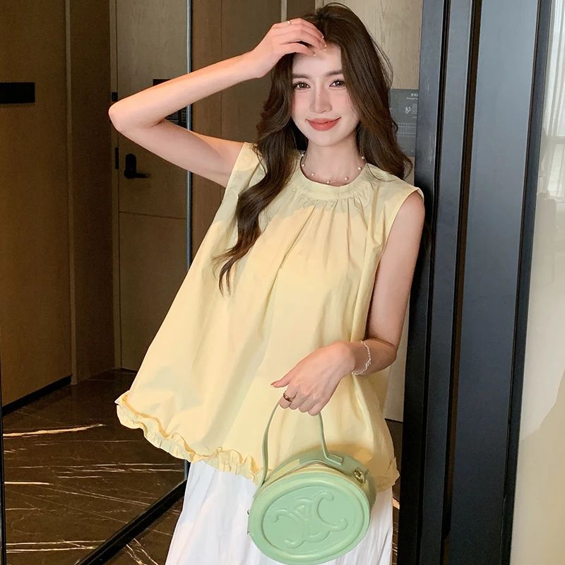 2025夏季新款时尚百搭韩版宽松无袖木耳边拼接圆领无袖衬衫背心女