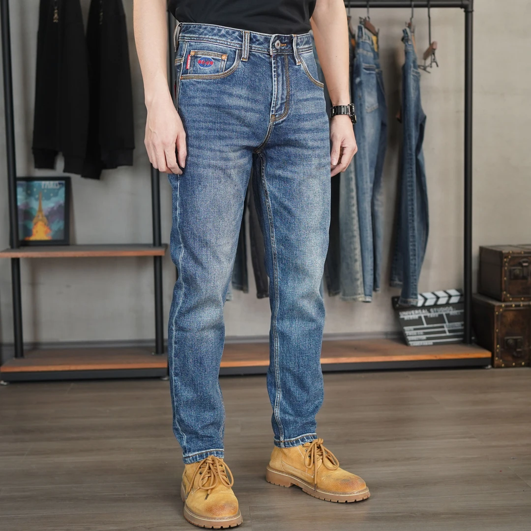 DH8942秋冬男裤中蓝修身小直筒牛仔裤百搭男装秋冬季韩版修身弹力