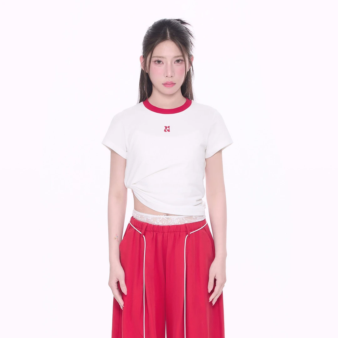 【NCXK】刺绣撞色领口短袖T恤微宽正肩显瘦百搭夏季上衣DX25076