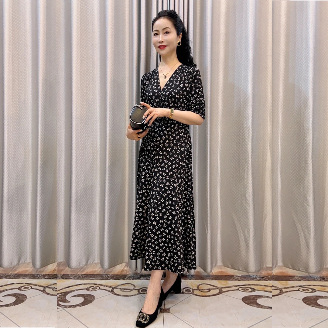 【主播设计专属】名媛时尚经典气质V领连衣裙蝴蝶结优雅印花中长裙