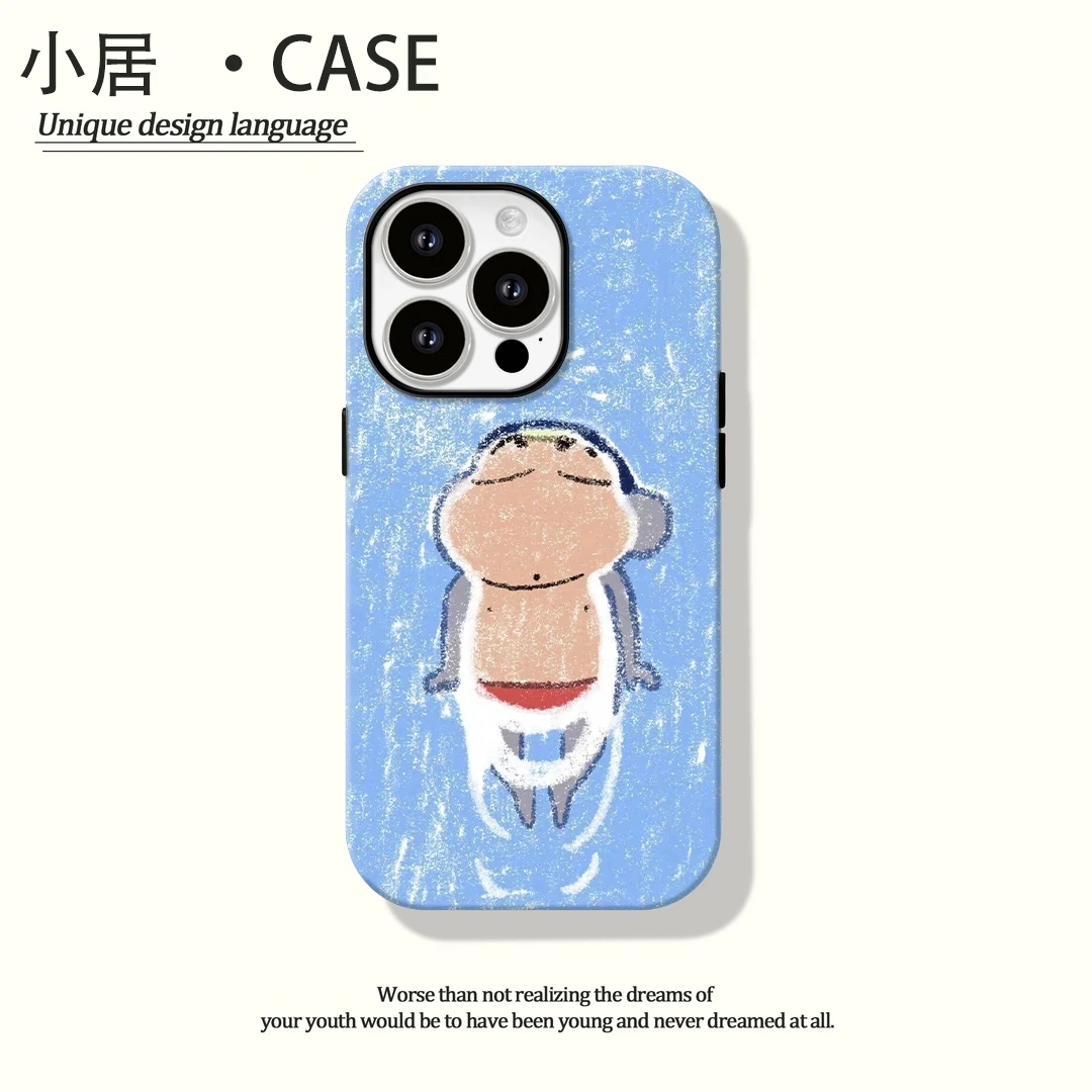 卡通游泳小新适用苹果16pro max防摔磨砂iPhone15/14菲林全包动漫