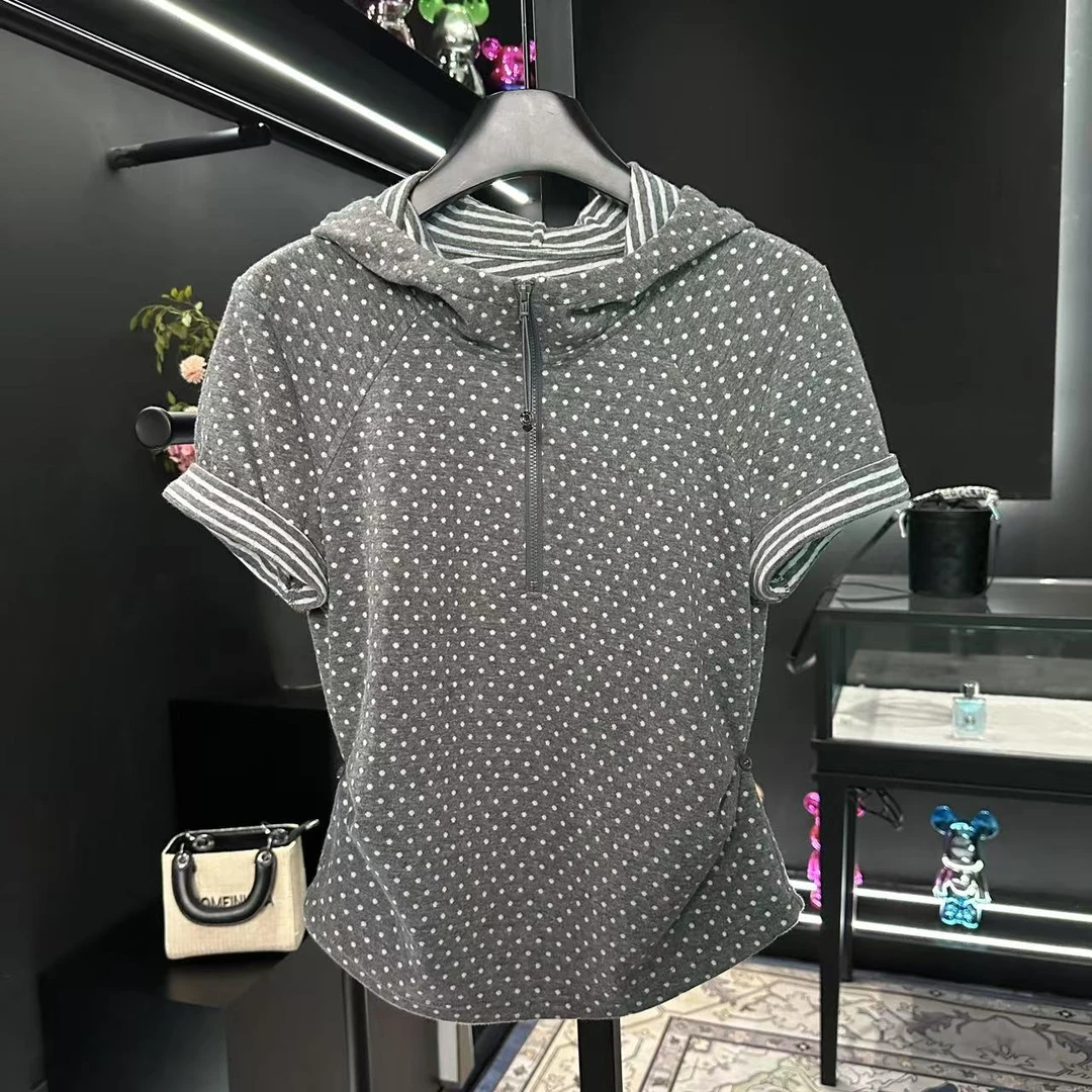 2025新款韩系打底衫女百搭波点短袖t恤夏季修身连帽百搭上衣