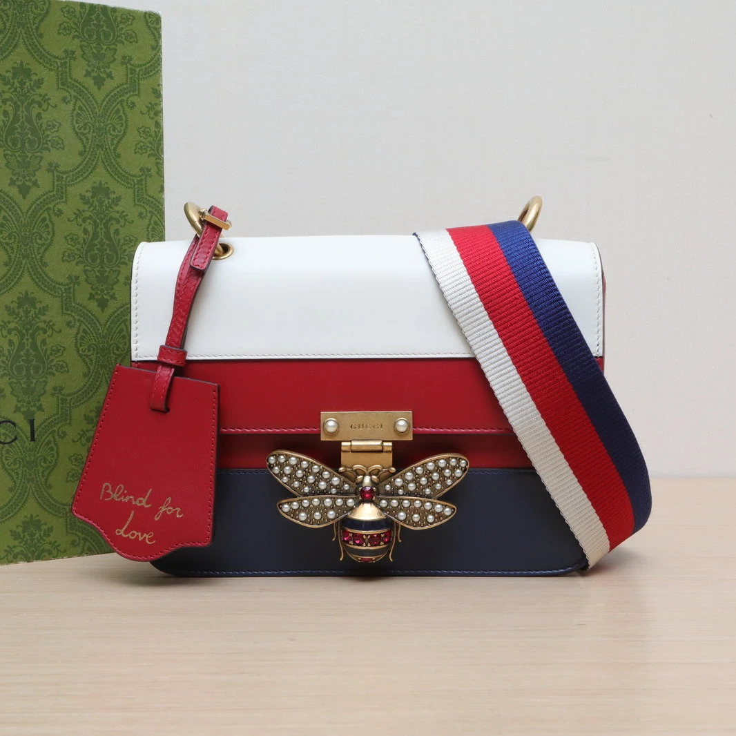 95新 GUCCI/古驰 【攀攀】玛格丽特皇后 宽肩带斜挎包 皮革金扣