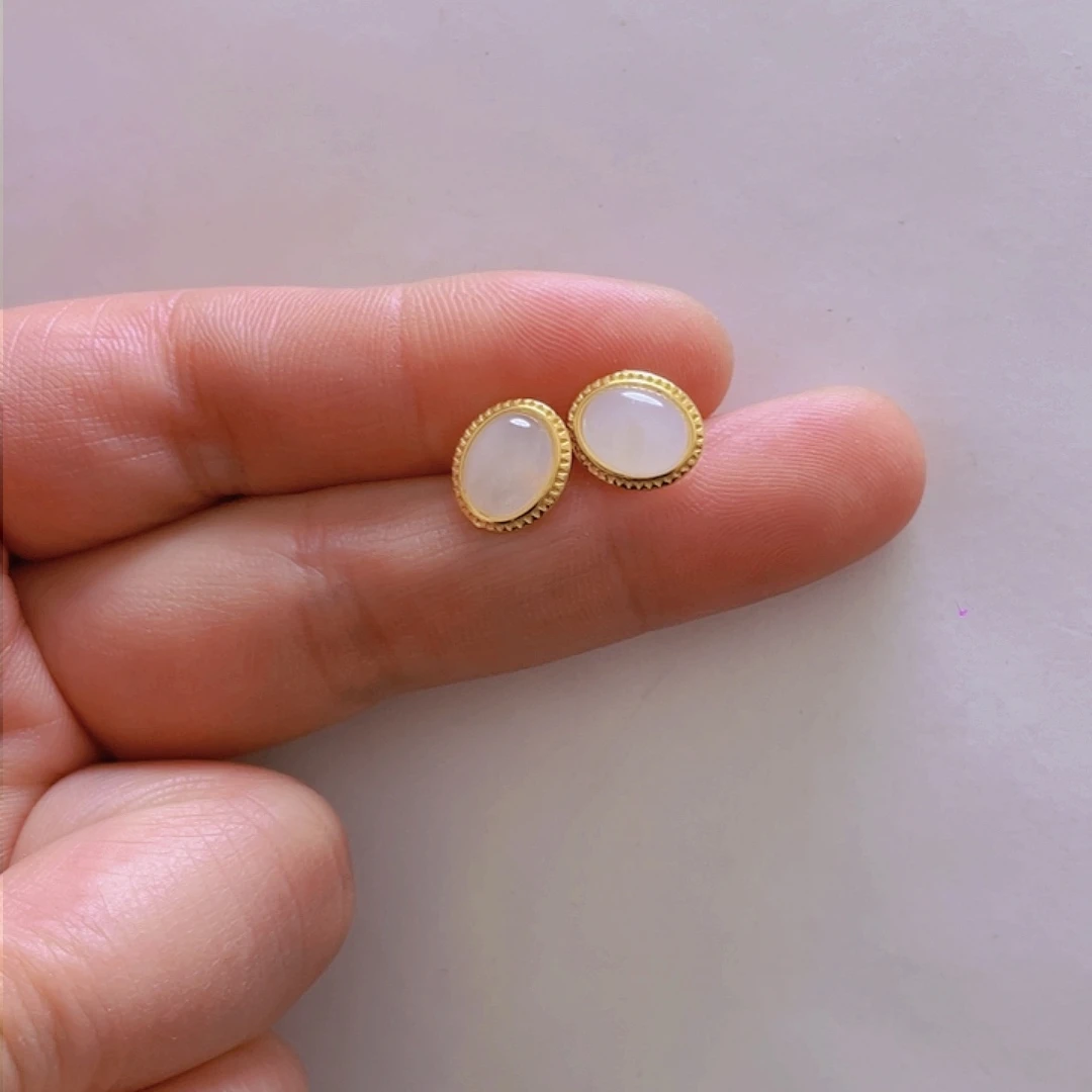 和田玉耳饰银S925镀金镶嵌