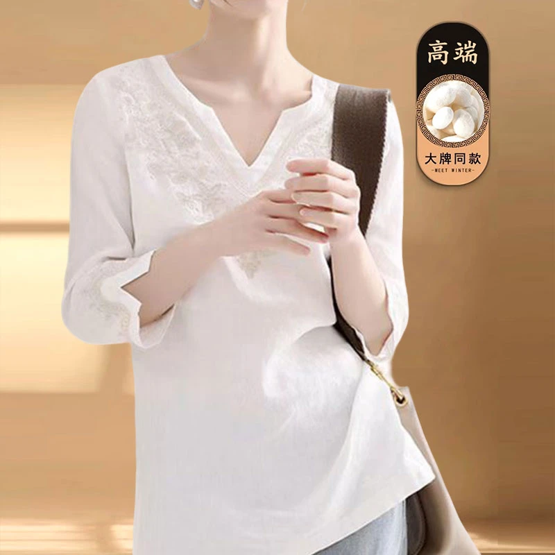 夏季v领衬衫女精致手工重工花型刺绣宽松中长弧形领白色7分袖t恤