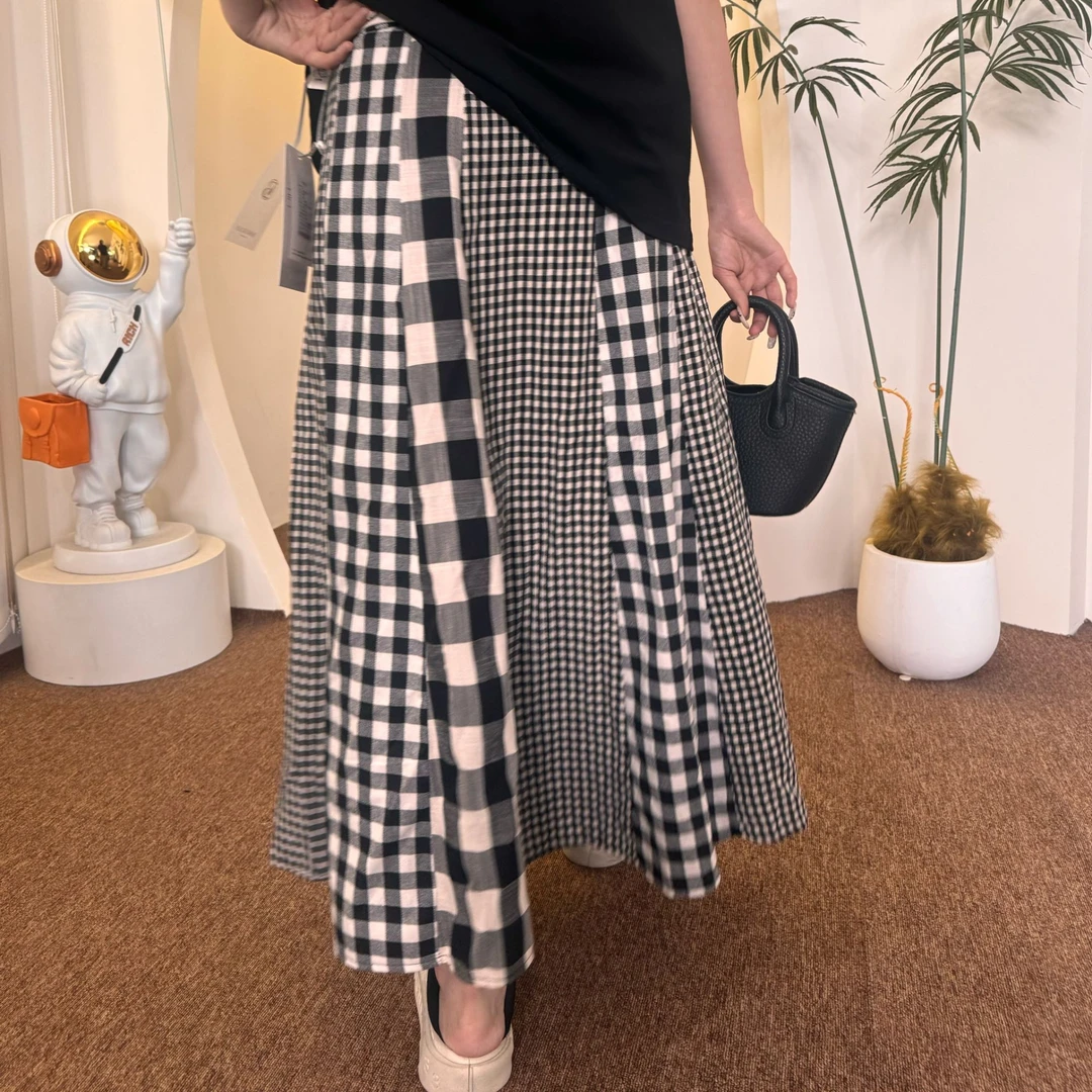 铂屋馆宽松夏季拼接设计时尚休闲半身裙A字裙子格子中长款春夏