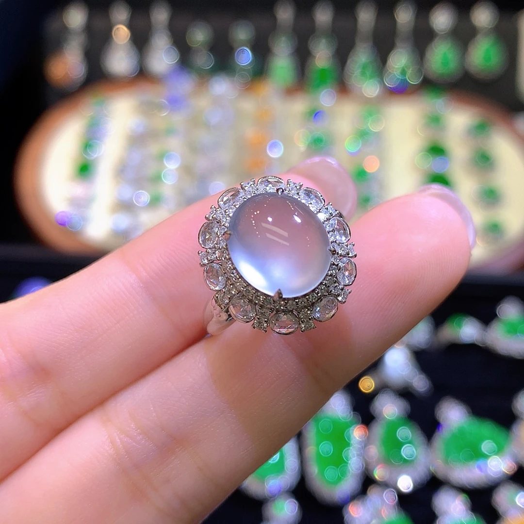 翡翠18K金镶嵌戒指玻璃种双眼皮不封底