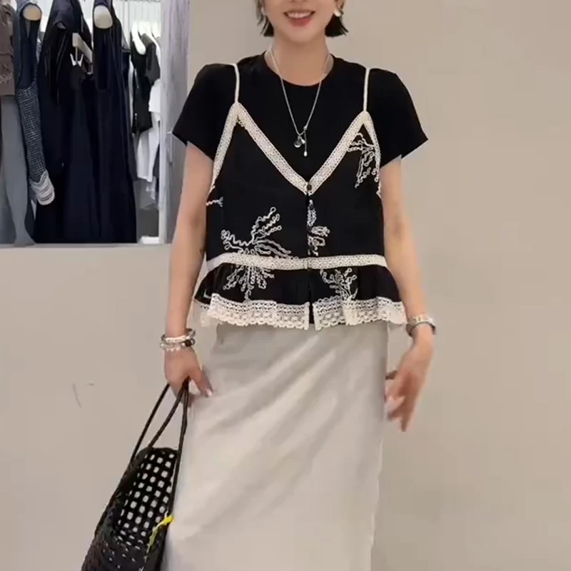 洋气衣服女夏季新款独特漂亮小衫假两件设计感T恤显瘦百搭上衣潮