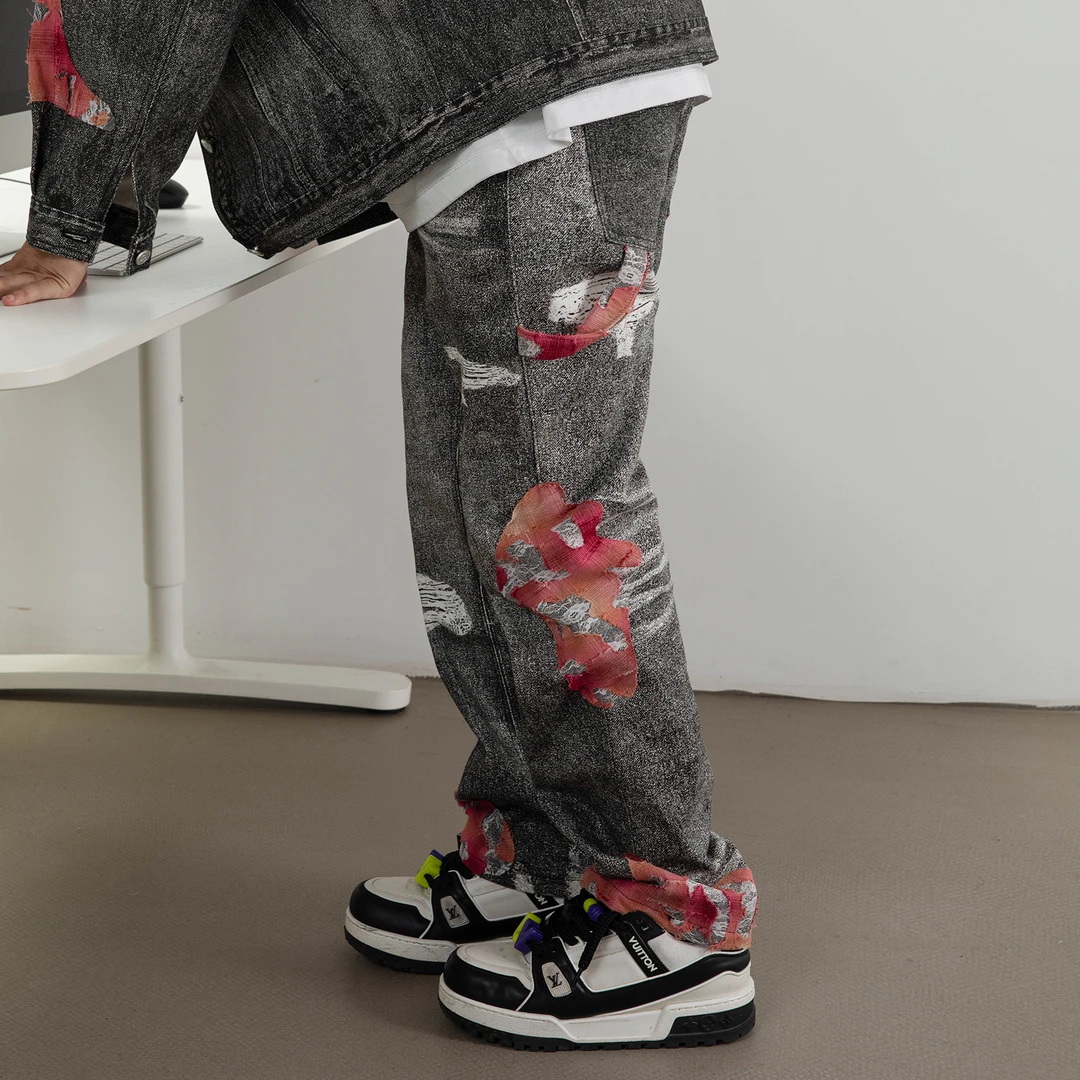 撞色蕾丝拼料3D打印破洞做旧牛仔长裤男宽松休闲直筒裤40228