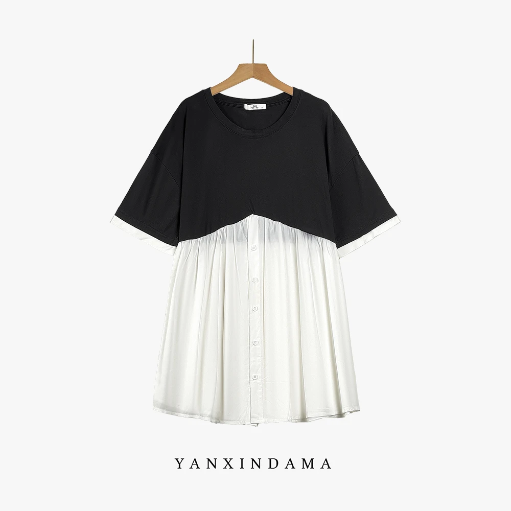 【岩心】大码女装300斤胖MM夏季时尚宽松休闲拼接中长款T恤63709