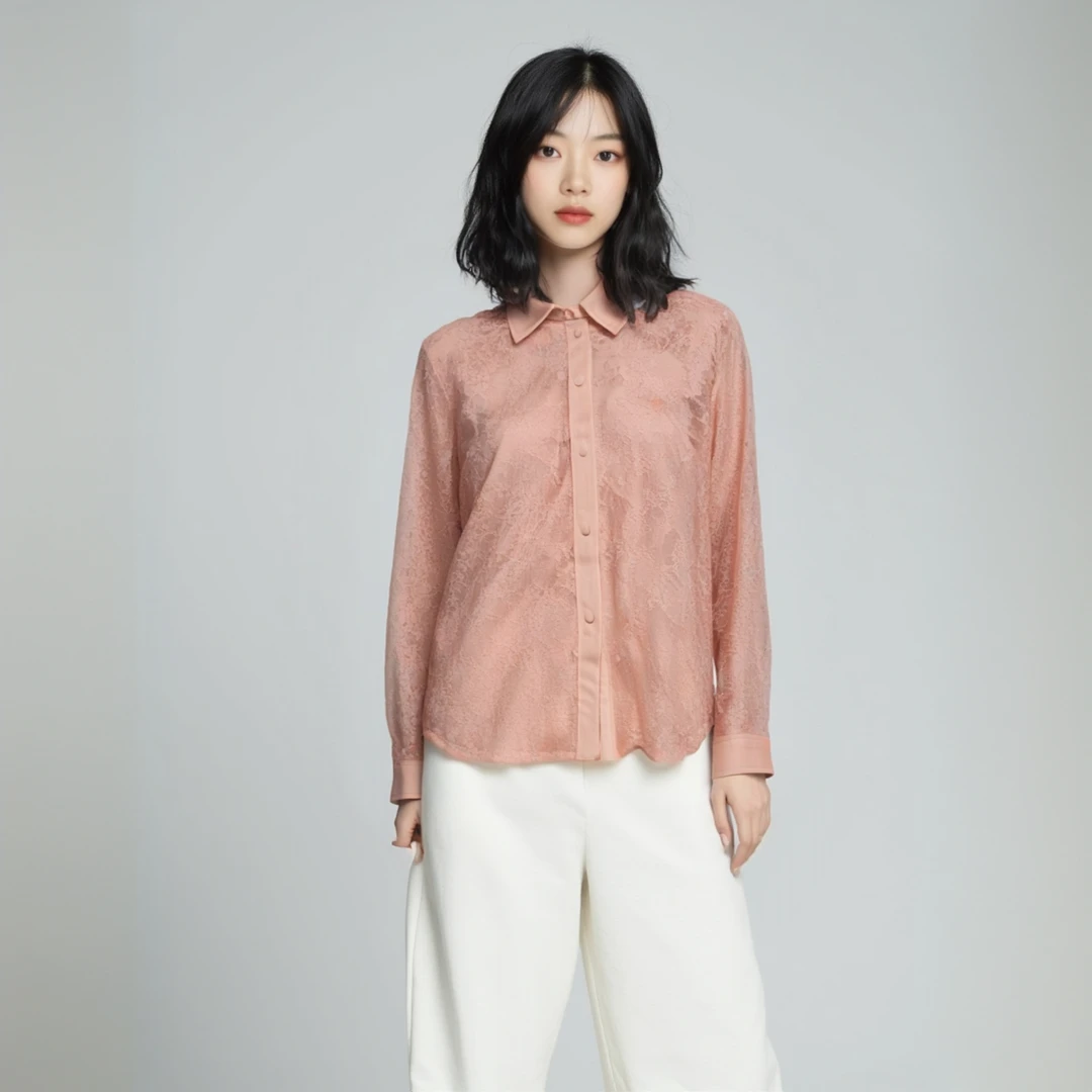 ANNE KLEIN（狮子头）夏款镂空提花长袖纯色衬衫