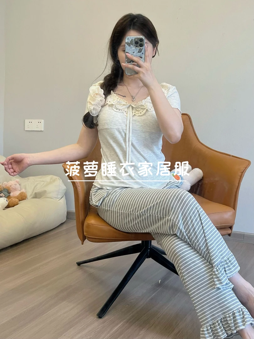 【韩系芭蕾风】带胸垫2025新款夏季女士短袖短裤睡衣套装