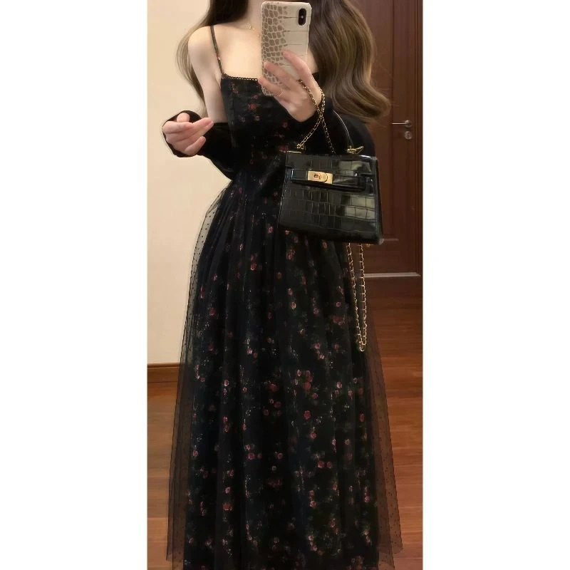 法式优雅碎花网纱吊带空调开衫配修身显瘦气质长款连衣裙9222夏季