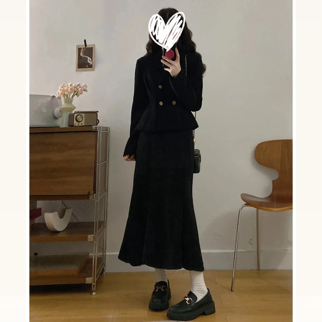 胖mm高级感气质灯芯绒外套a字鱼尾半身裙显瘦套装