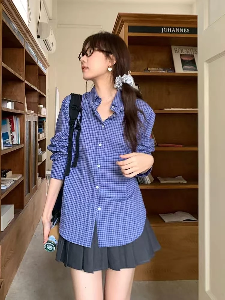 秋季新软复古蓝色格子衬衫