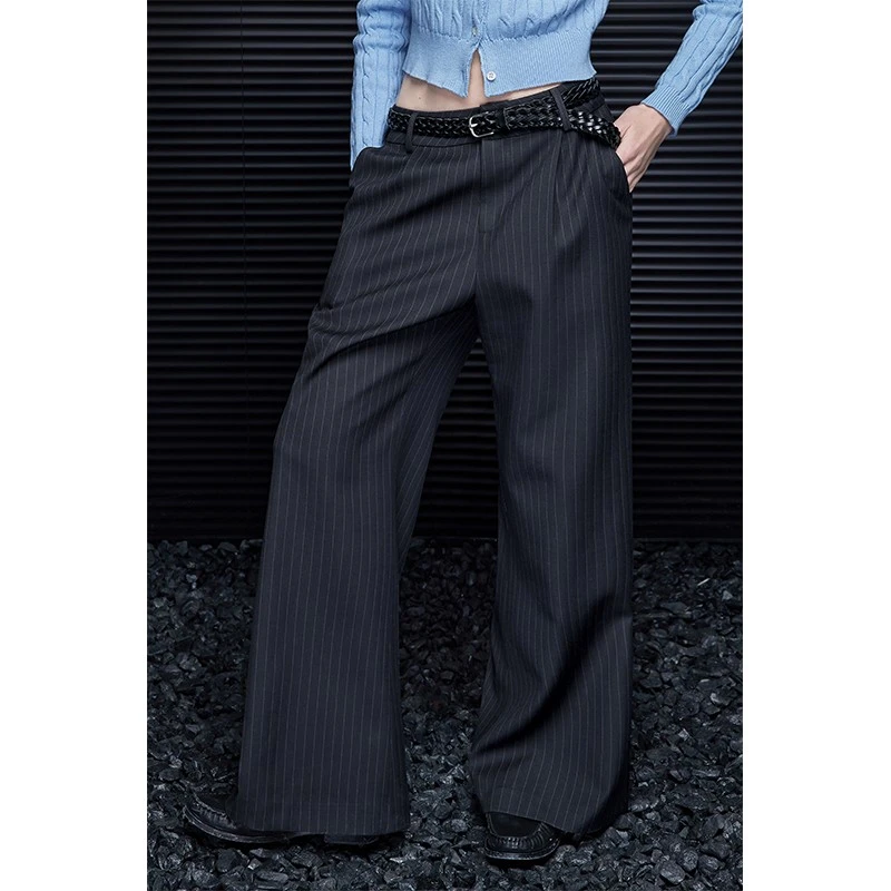 moment灰色条纹宽松休闲阔腿裤女2025年春季新款百搭设计感小众