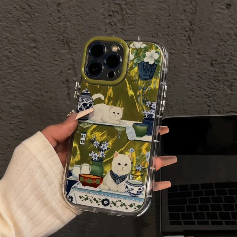 瓷器花朵猫羽纱手机壳适用苹果16promax新款华为vivo高级小米OPPO