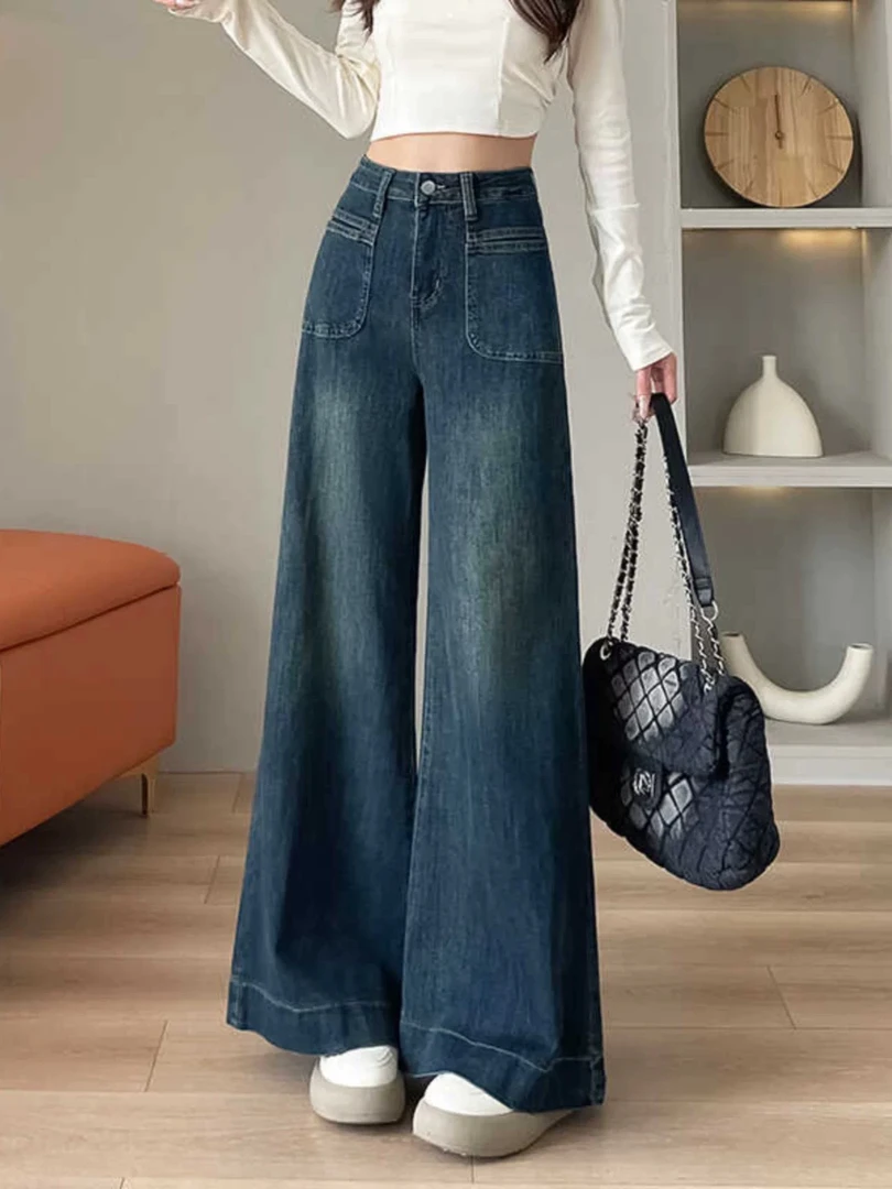 61253-1 阔腿牛仔裤女春秋季新款设计感高街宽松显瘦直筒拖地裤