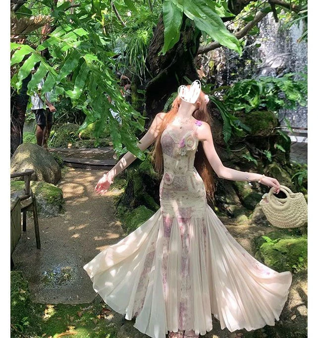 花开半夏”法式浪漫花朵修身显瘦气质鱼尾吊带长裙