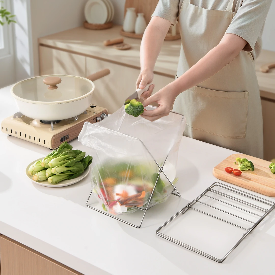 家用不锈钢垃圾袋架子收纳抹布架可折叠厨房桌面垃圾桶塑料袋子架