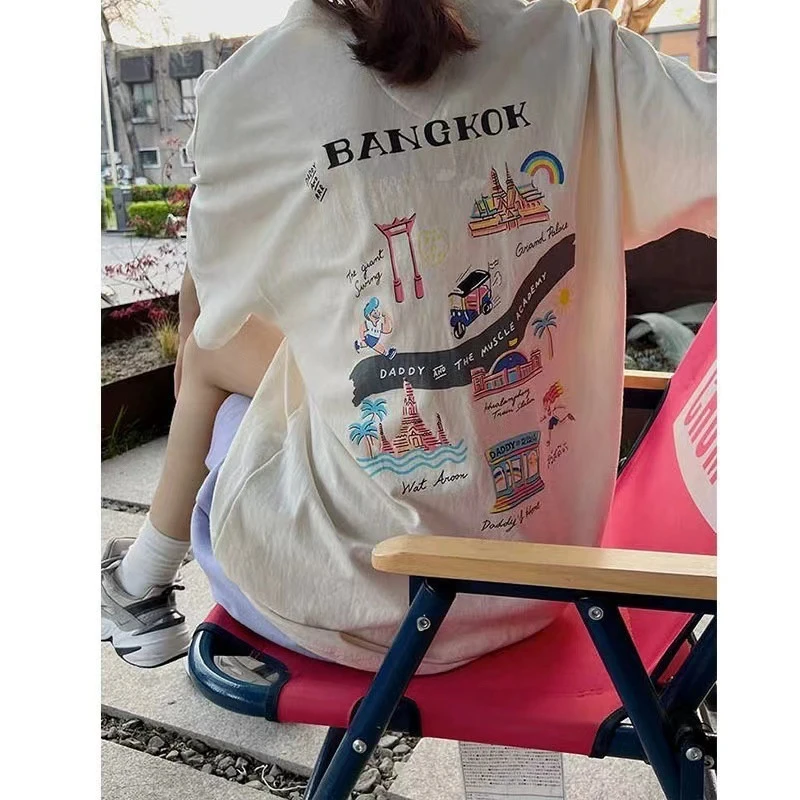 泰国小众 2025春款背图案印花设计宽松大版体恤女