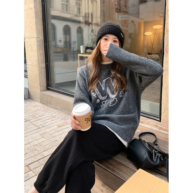 【ALINDM年中大清仓】胖mm宽松圆领针织衫200斤慵懒风毛衣女DYL064