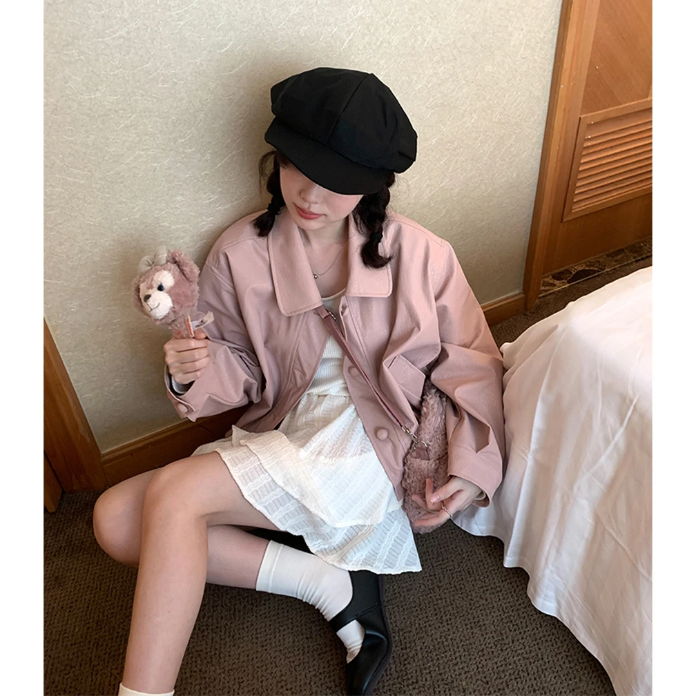 秋季复古甜美粉色PU皮衣外套女2025新款独特别致宽松显瘦夹克上衣