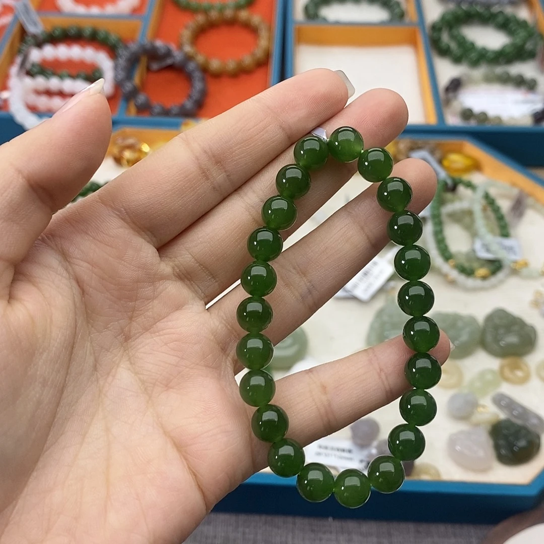 和田玉未镶嵌手链w37辣阳绿8mm