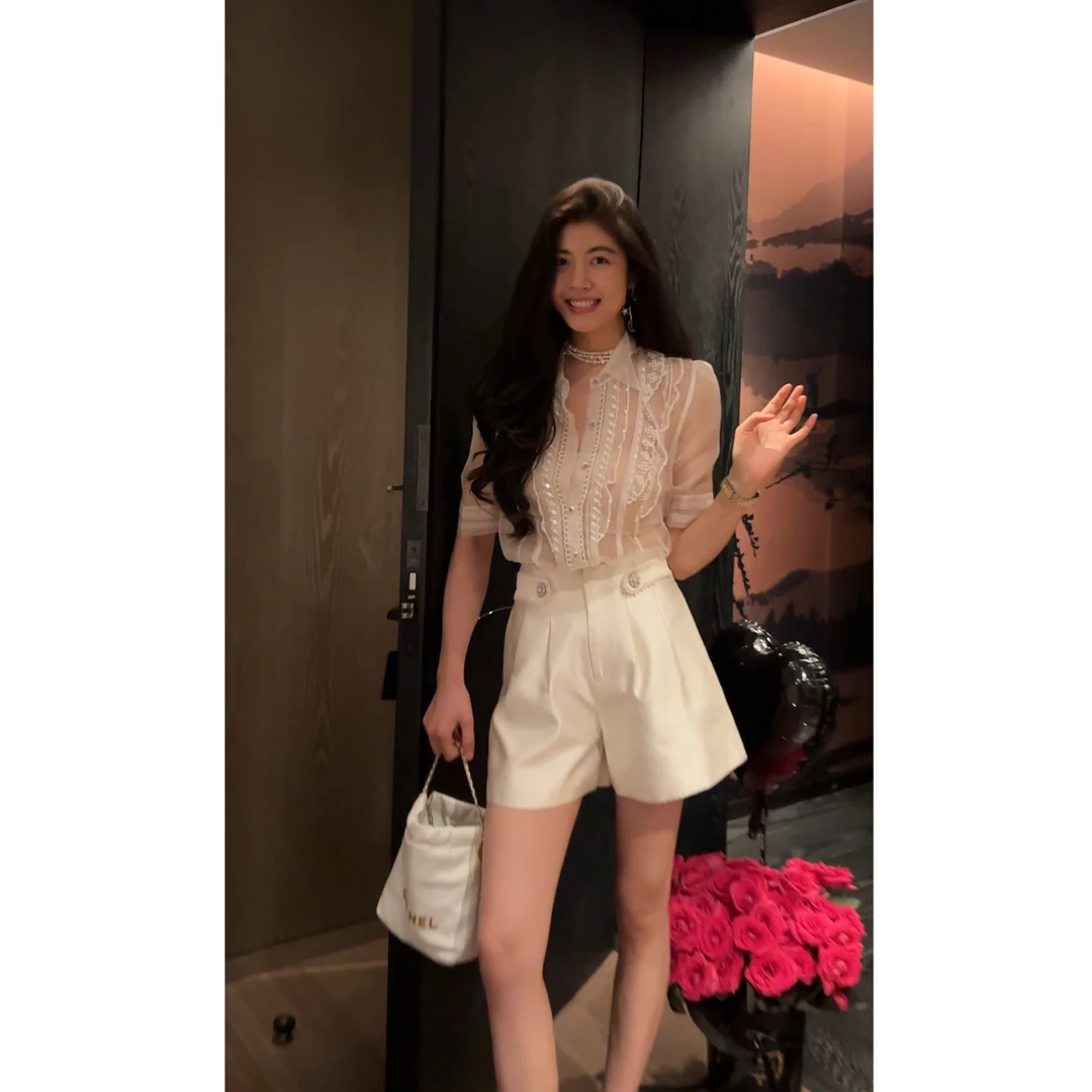 【N·COU】25夏新款【豪门千金】串珠刺绣飘带透纱真丝衬衫DY80551