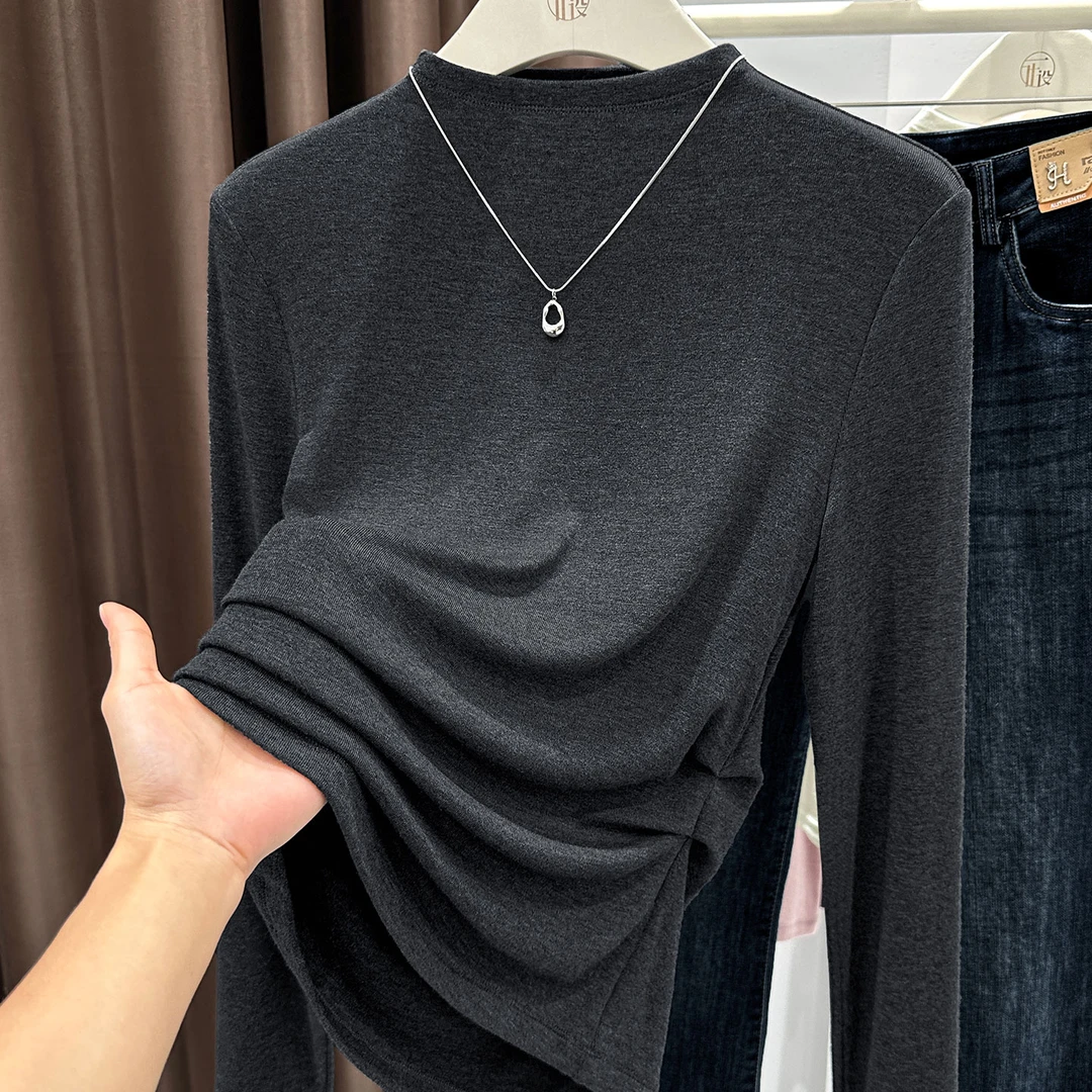 小众侧边收褶设计显瘦上衣女秋冬新款灰色气质立领长袖T恤打底衫