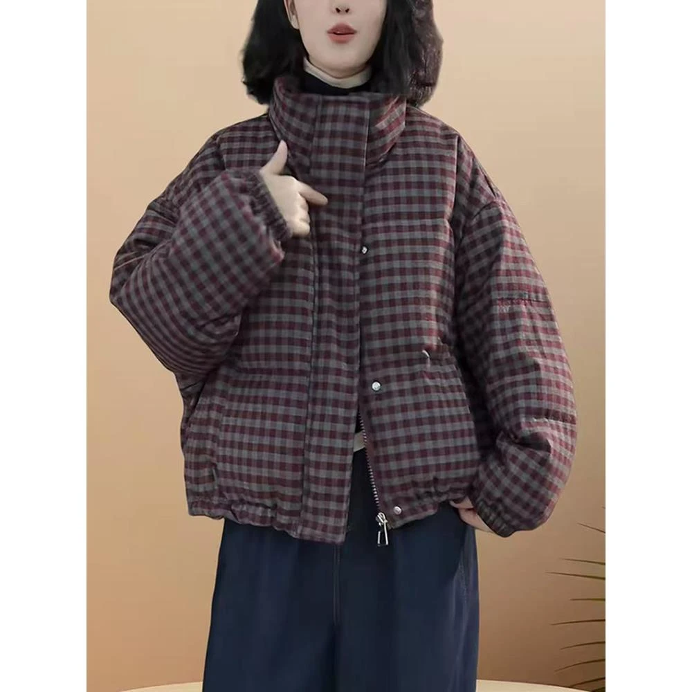 法式时尚格子短款棉服女2025秋冬季新款立领加厚保暖宽松显瘦棉衣