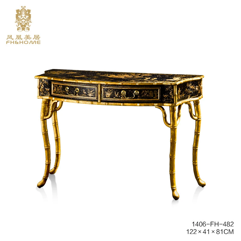 FH&HOME/凤凰美居欧式做旧工艺彩绘黑布裂紋堆漆玄关桌