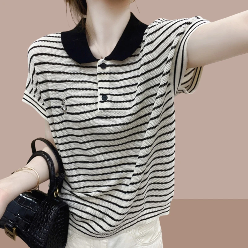 夏季薄款冰丝条纹针织短袖t恤女爆款2025新款卡通小兔polo领上衣