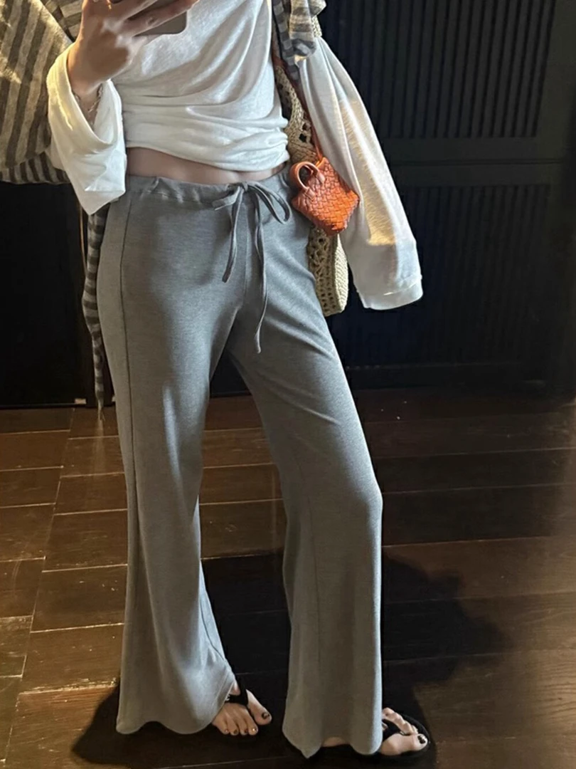 【张开心】韩系高腰显瘦松紧腰抽绳不贴腿微喇直筒裤百搭休闲裤