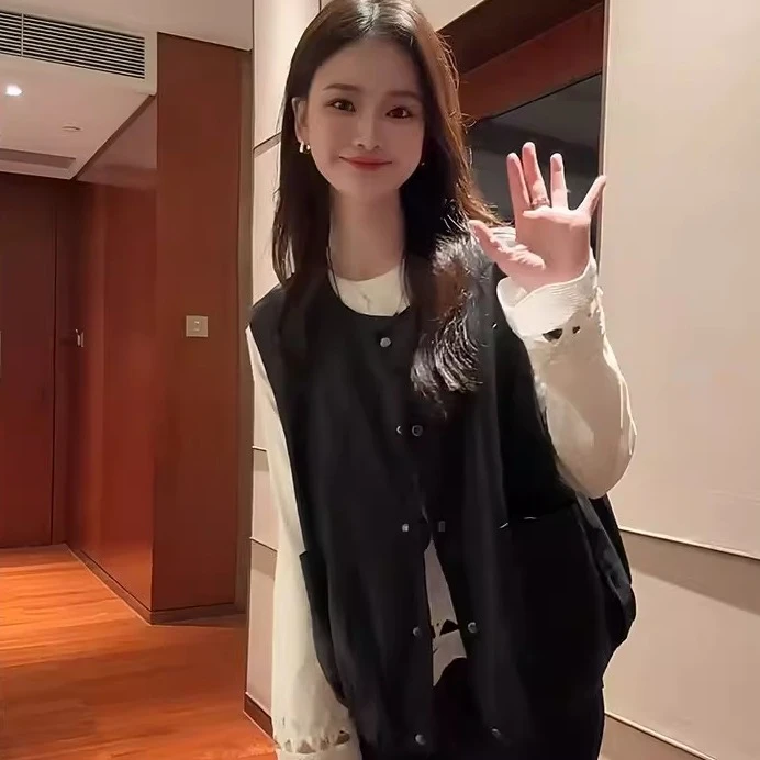 秋季宽松型圆领复古适中法式马夹百搭宽松欧美风韩系小香风