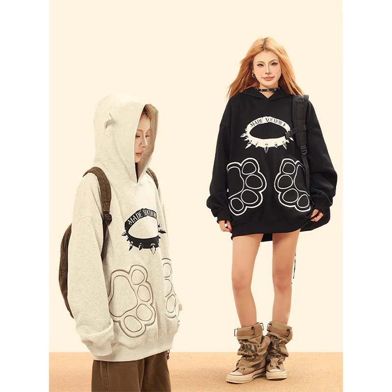 OPUP 美式复古猫咪项圈口袋设计连帽卫衣女个性穿搭宽松重磅上衣