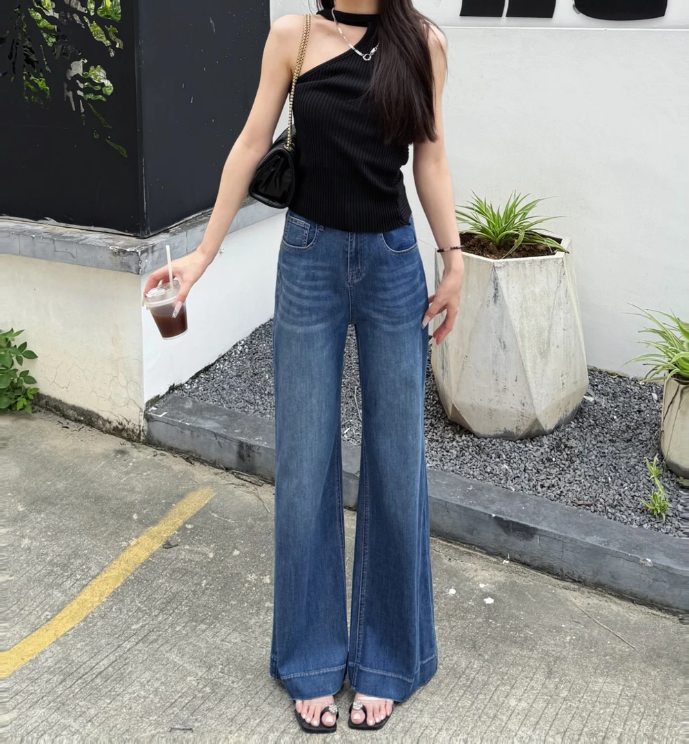 莱赛尔天丝高腰牛仔裤休闲港风外穿小个子夏季女裤丹宁风常规厚度