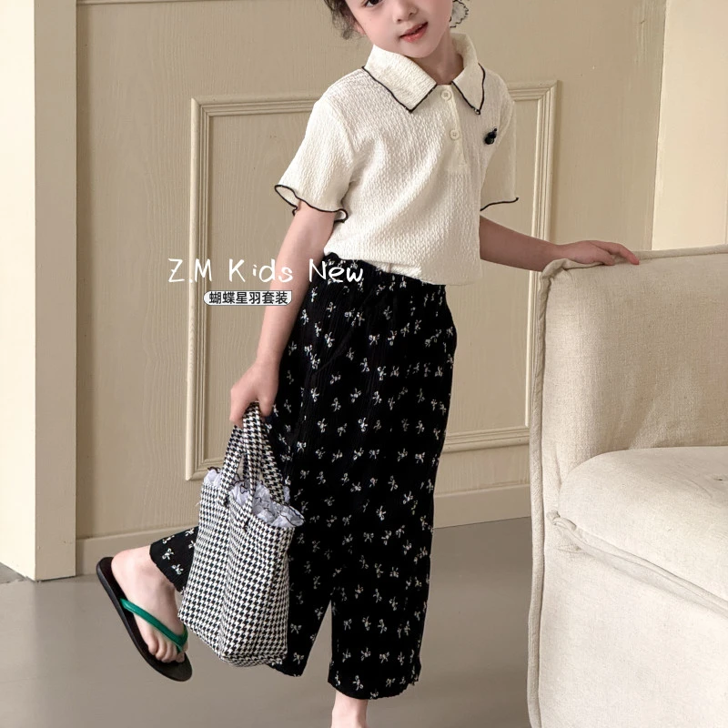 【蝴蝶星羽】2025夏儿童上学通勤两件套T恤休闲裤女童套装N-65066