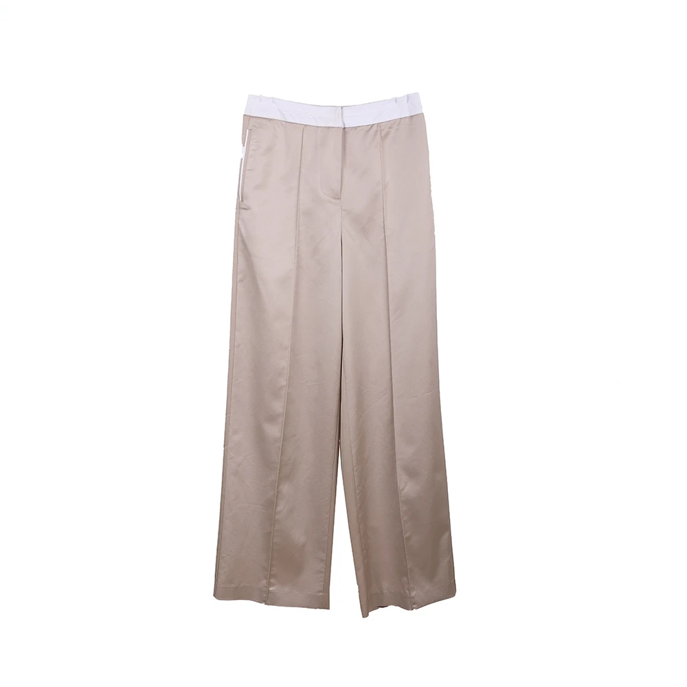 【KLOVA】春秋浅卡其拼白色腰头宽筒裤 【H】 KW2961(BUN)
