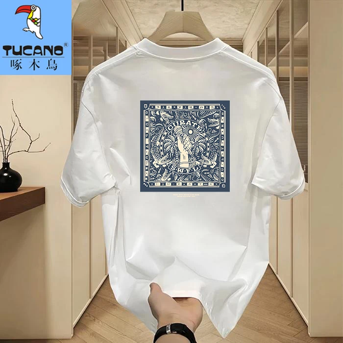 啄木鳥230克重磅纯棉印花男士T恤短袖潮牌潮流夏季新款落肩宽松t