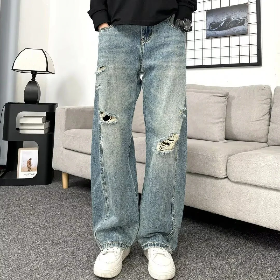 破洞潮流百搭夏季高街牛仔裤男直筒宽松阔腿垂感美式复古潮牌休闲