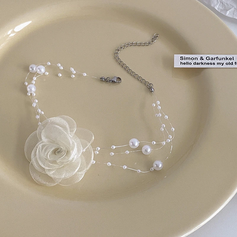 合金项链 仙气网纱花朵珍珠三层项链个性气质时尚小清新颈链项饰