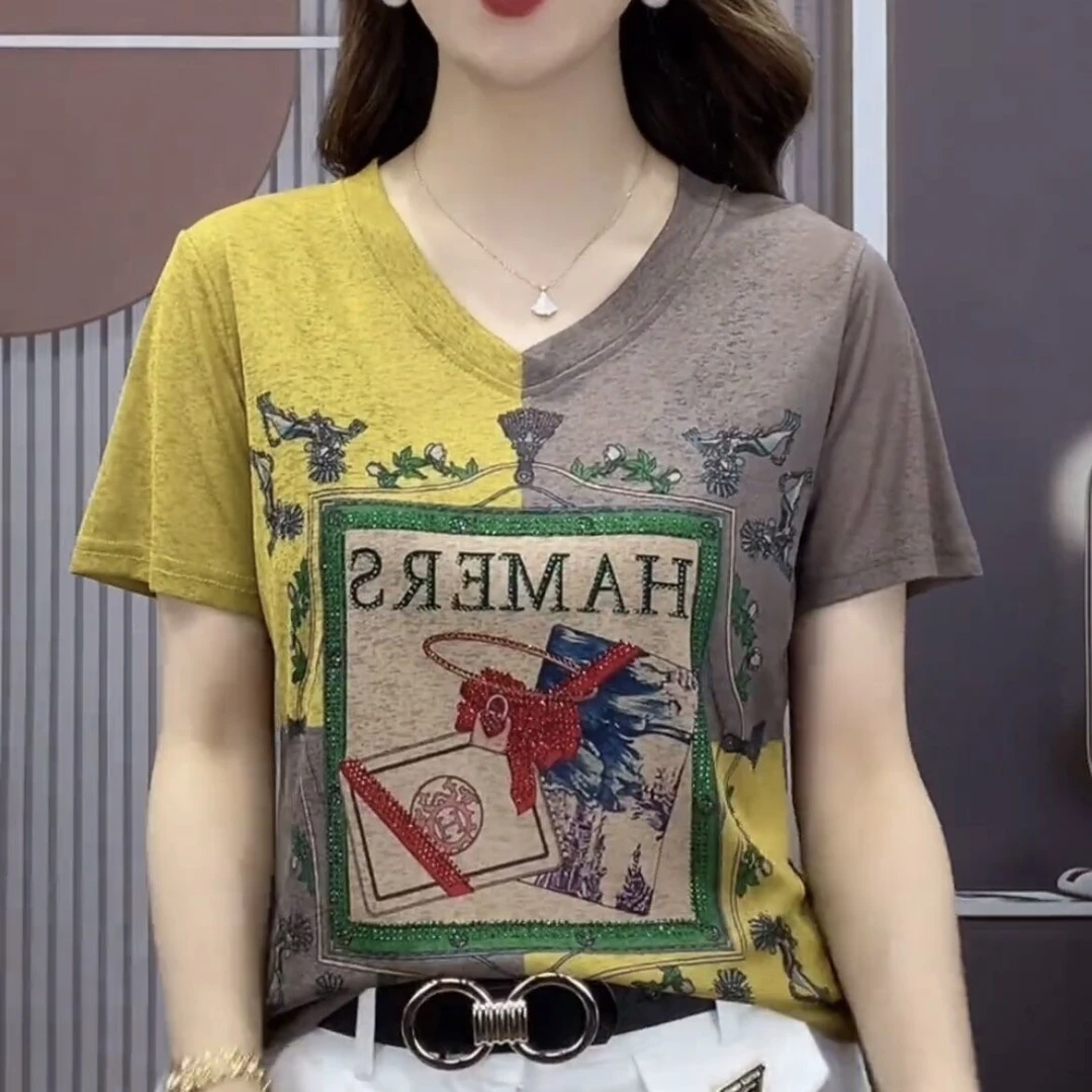 夏季新款时尚V领印花烫钻上衣洋气减龄妈妈装遮肚显瘦百搭打底衫