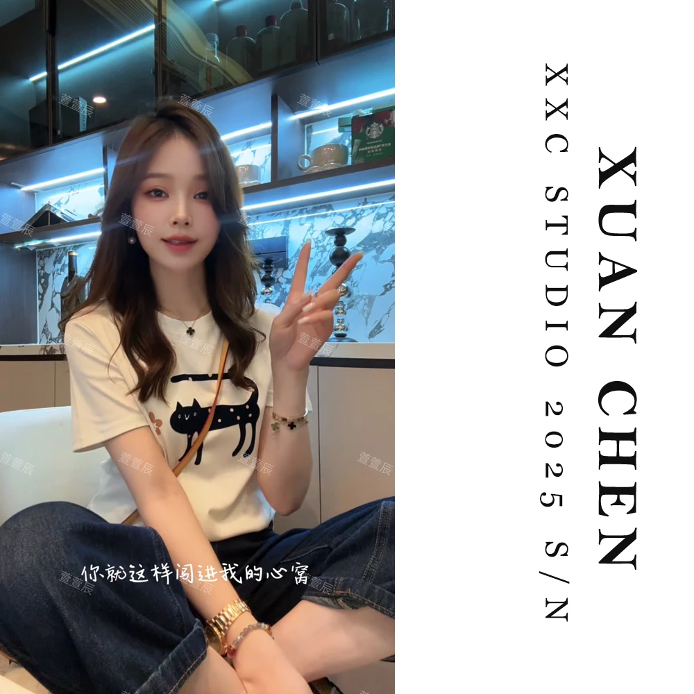 【小黑猫】夏季正肩T恤女款休闲衣服女慵懒风纯色百搭上衣#8568