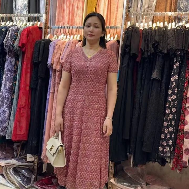 夏季新款修身田园风粉色连衣裙气质优雅