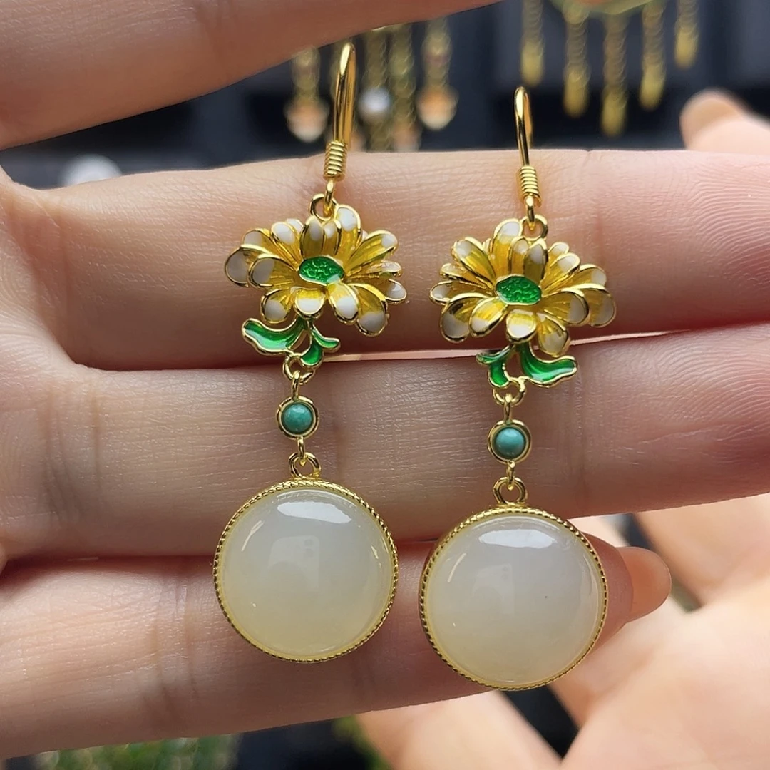 和田玉银S925镀金镶嵌耳饰