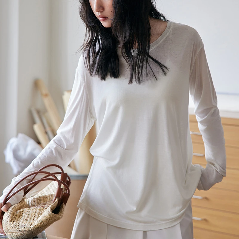 七禾页 2025春夏新款 天丝醋酸莱赛尔绵羊毛打底衫 长袖T微透罩衫